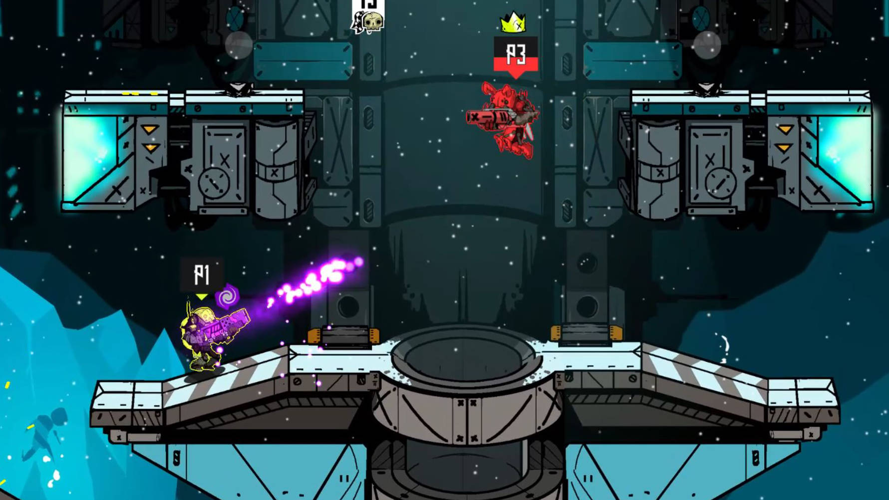 A Crashnauts soldier firing a plasma weapon in a neon arena